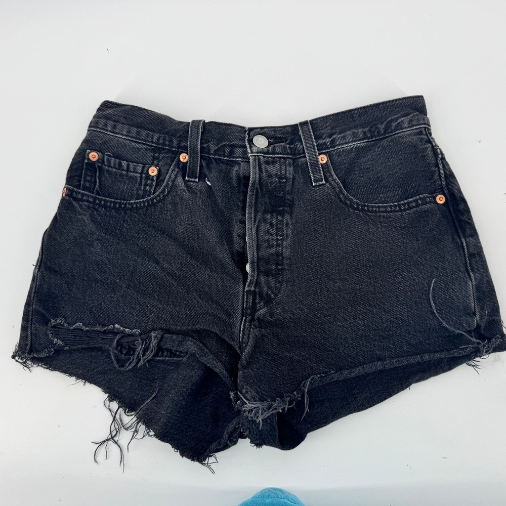 Levis 501 Original Shorts Womens 28 Black Distressed High Rise Cut Off Denim